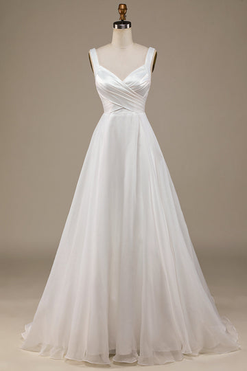 Simple Ivory Organza Scoop Neck Sweep Train Wedding Dress